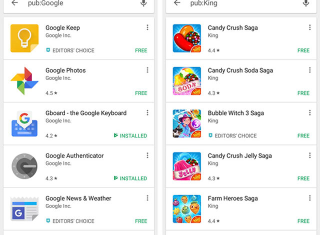 البحث عن التطبيقات باسم المطور